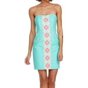 Vineyard Vines teal embroidered strapless dress. Size 2.